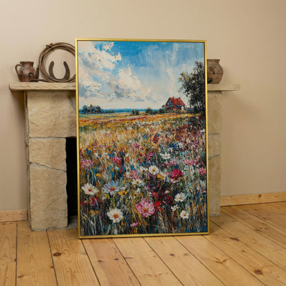 Cottage in Meadow with Wildflowers Canvas Print in yellow gold floating frame