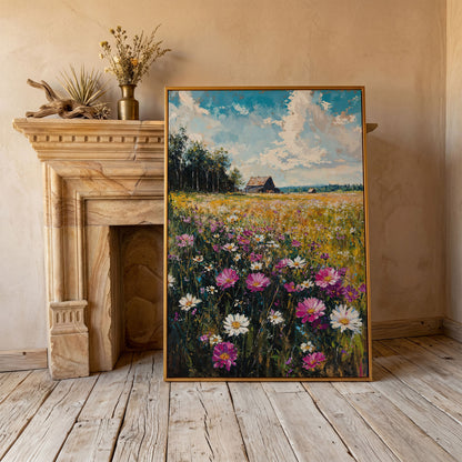 Rustic Country House in Flower Field Canvas in antique gold floating frame