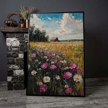 Rustic Country House in Flower Field Canvas in black floating frame