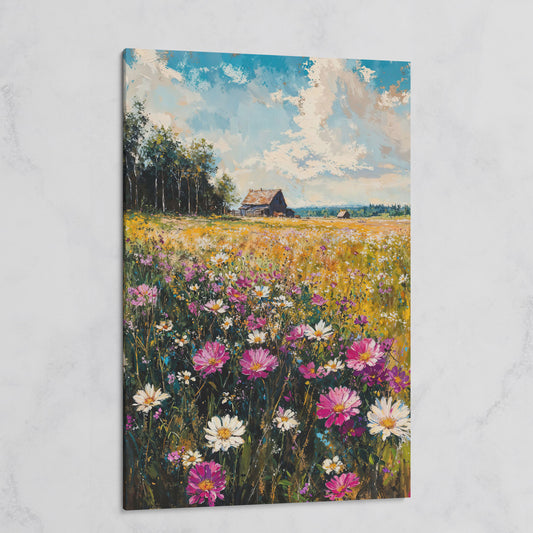 Rustic Country House in Flower Field Canvas on gallery wrap