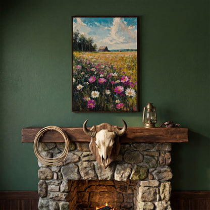 Rustic Country House in Flower Field Canvas in dark walnut floating frame