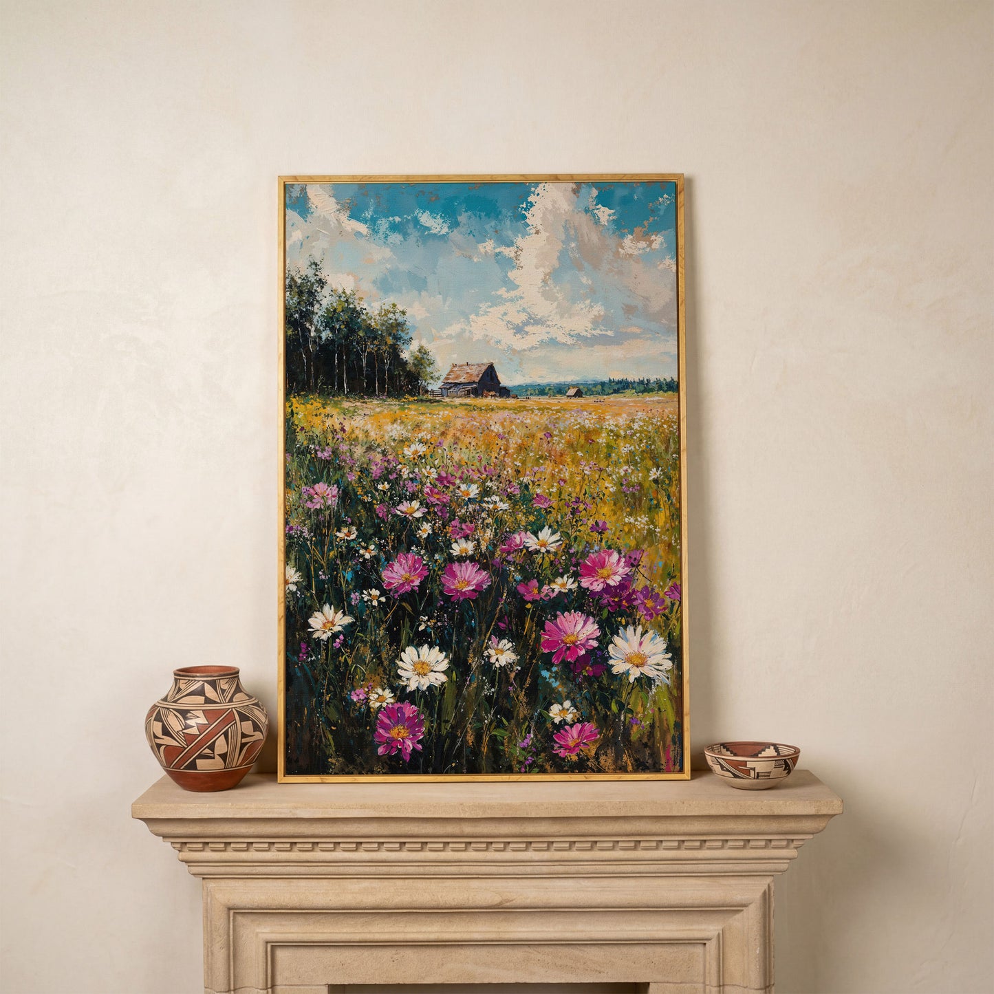 Rustic Country House in Flower Field Canvas in white oak floating frame