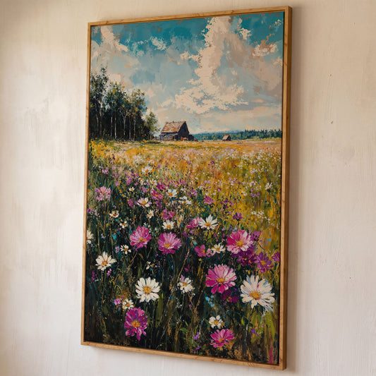Rustic Country House in Flower Field Canvas shown in white oak floating frame
