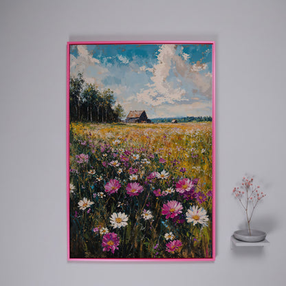 Rustic Country House in Flower Field Canvas in pink floating frame