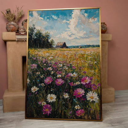 Rustic Country House in Flower Field Canvas in rose gold floating frame