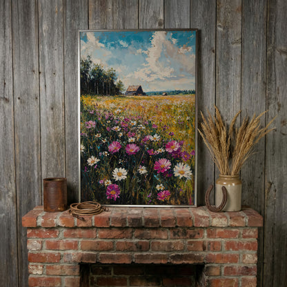 Rustic Country House in Flower Field Canvas in silver floating frame