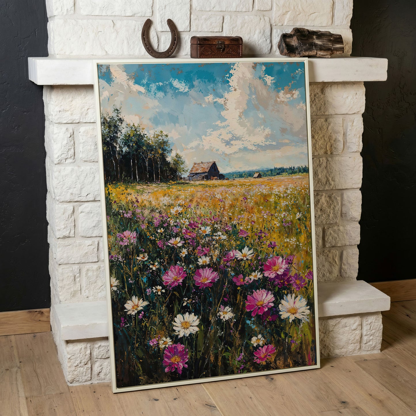 Rustic Country House in Flower Field Canvas in white floating frame