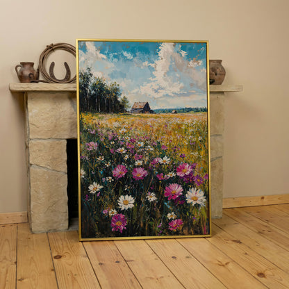 Rustic Country House in Flower Field Canvas in yellow gold floating frame