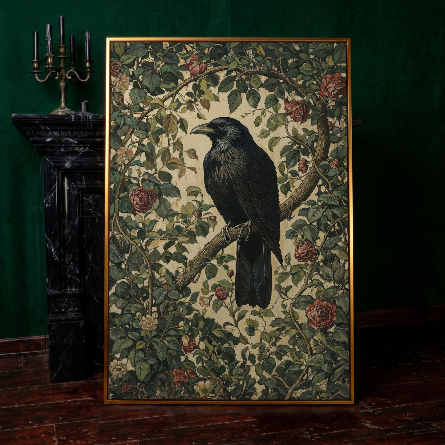 Gothic Raven on Flower Branch Canvas Print in antique gold floating frame