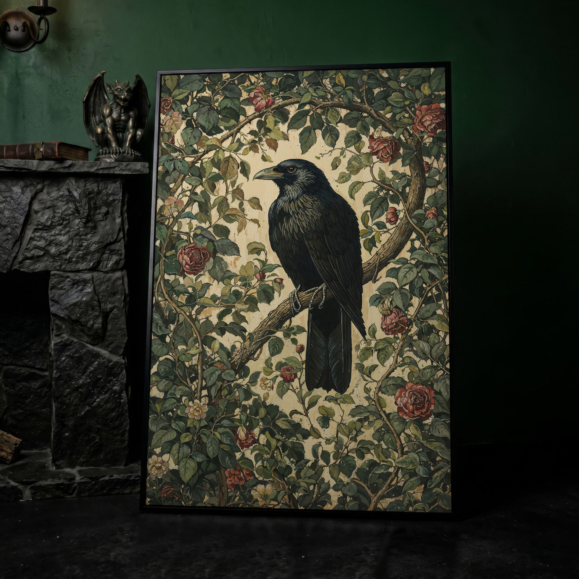 Gothic Raven on Flower Branch Canvas Print in black floating frame