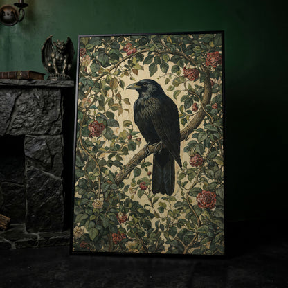 Gothic Raven on Flower Branch Canvas Print in black floating frame