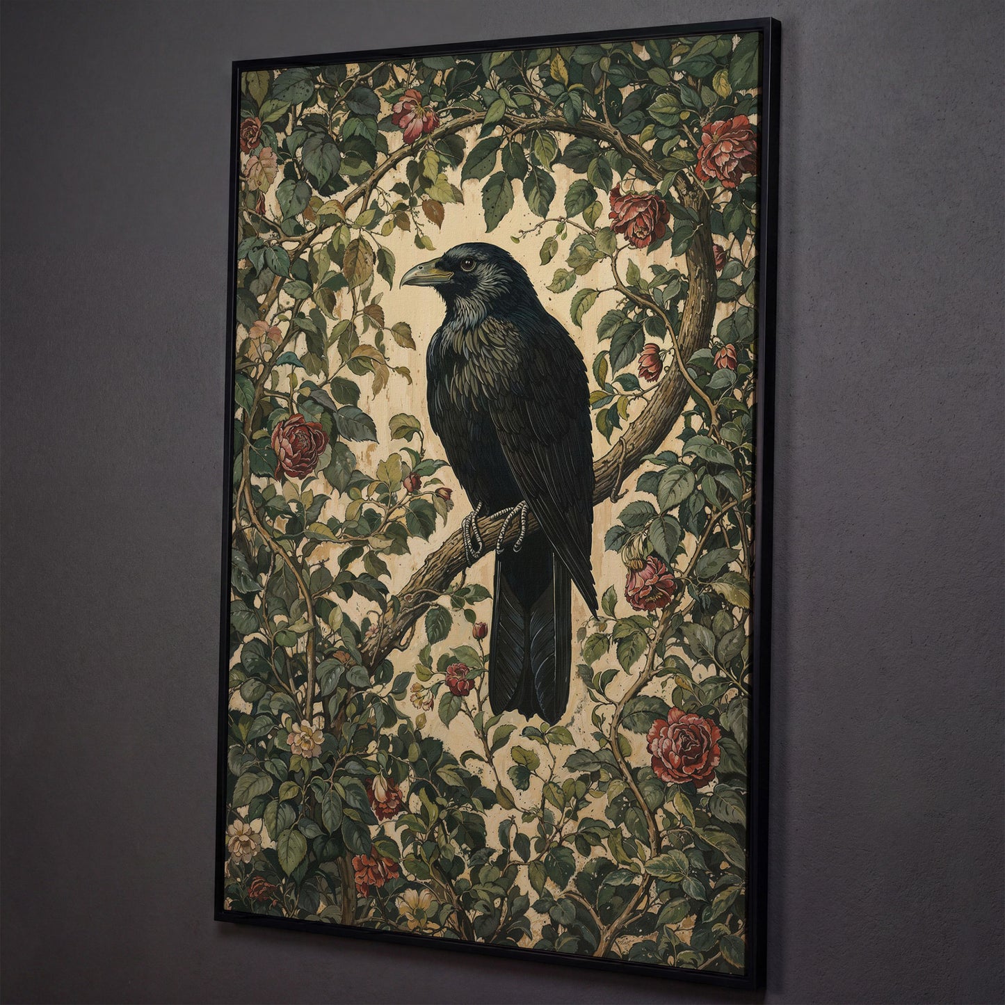 Gothic Raven on Flower Branch Canvas Print shown in black floating frame