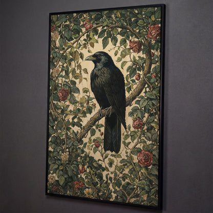Gothic Raven on Flower Branch Canvas Print shown in black floating frame