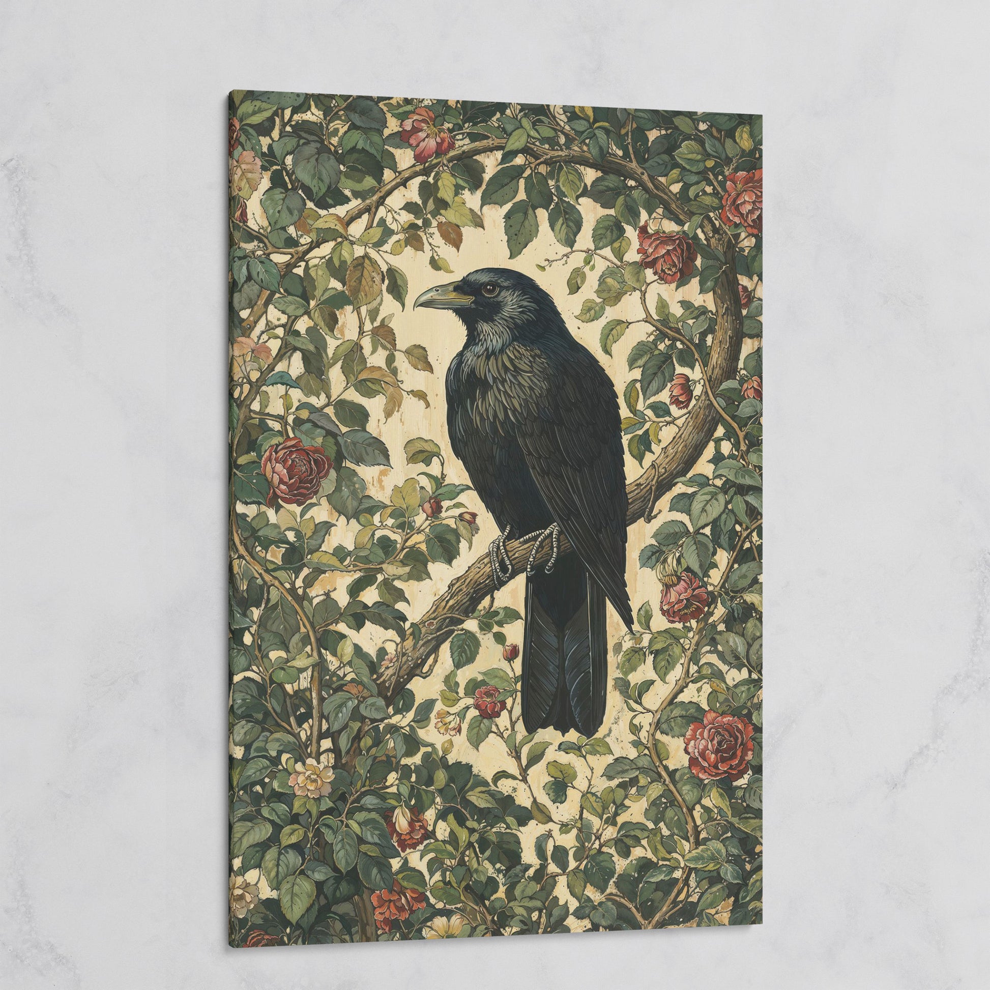 Gothic Raven on Flower Branch Canvas Print on gallery wrap