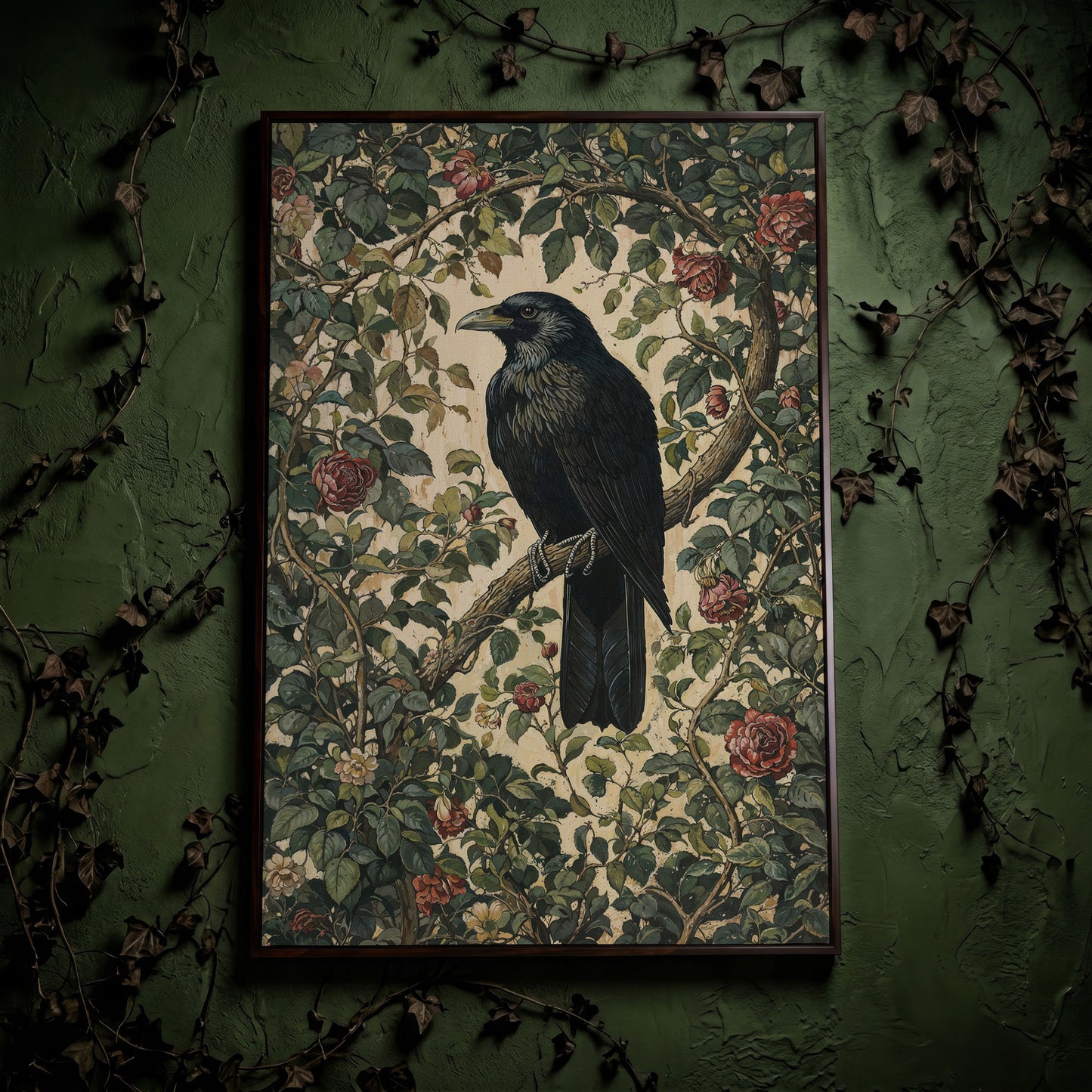 Gothic Raven on Flower Branch Canvas Print in dark walnut floating frame