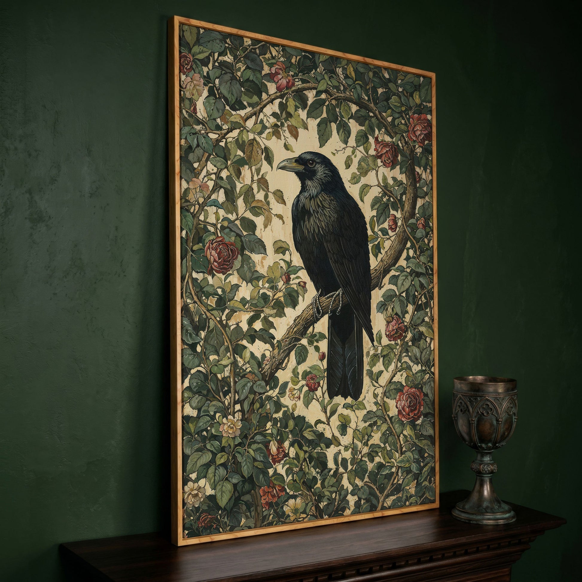 Gothic Raven on Flower Branch Canvas Print in white oak floating frame