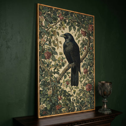 Gothic Raven on Flower Branch Canvas Print in white oak floating frame
