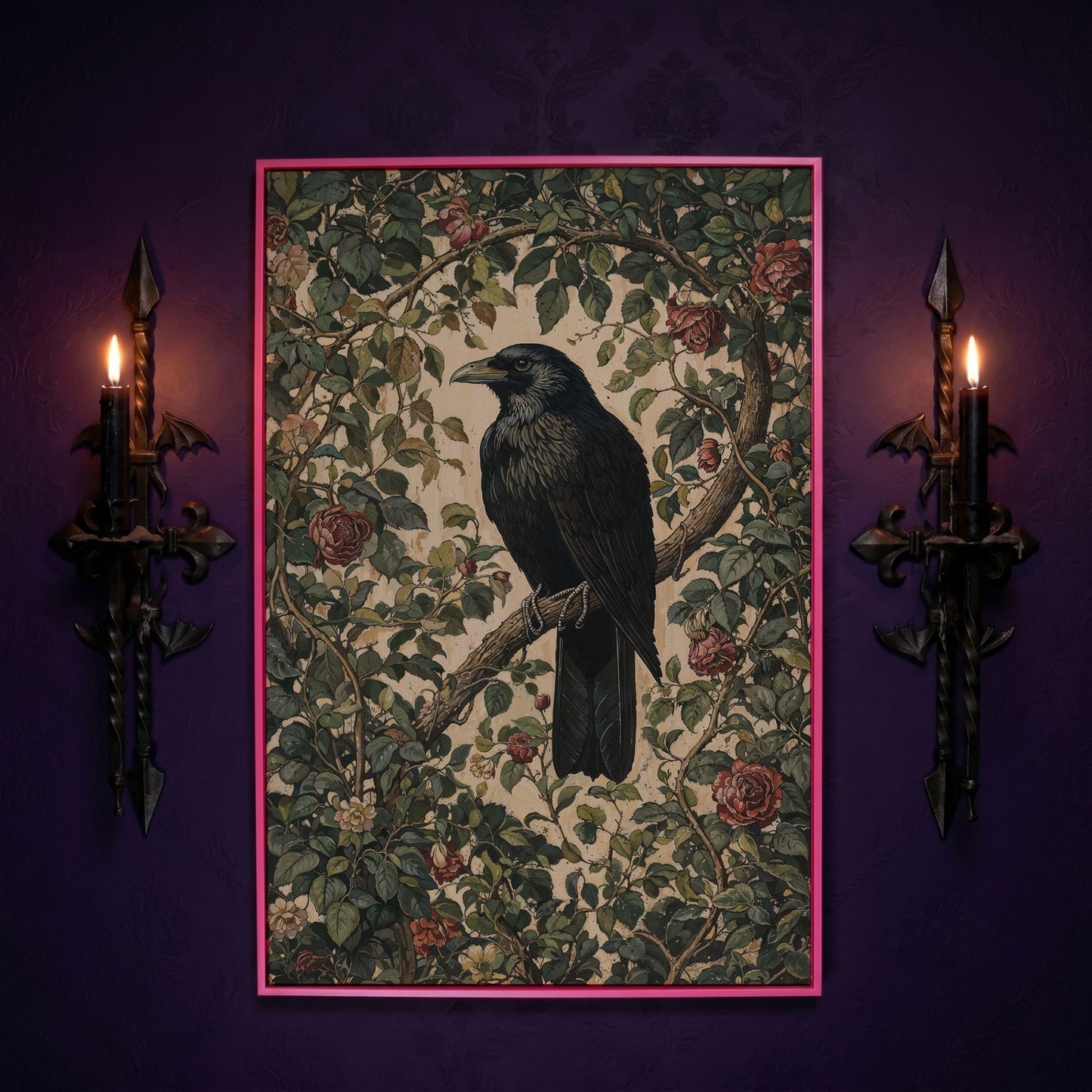 Gothic Raven on Flower Branch Canvas Print in pink floating frame