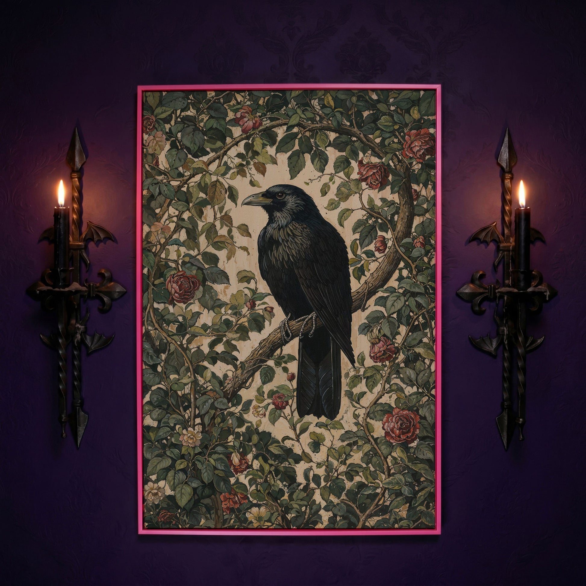 Gothic Raven on Flower Branch Canvas Print in pink floating frame