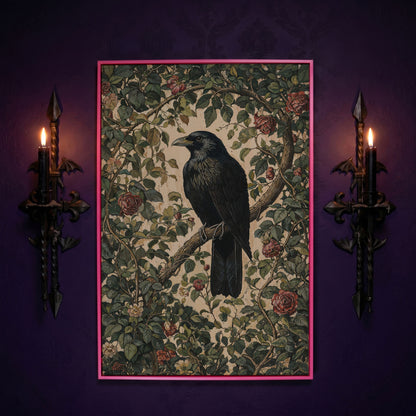 Gothic Raven on Flower Branch Canvas Print in pink floating frame