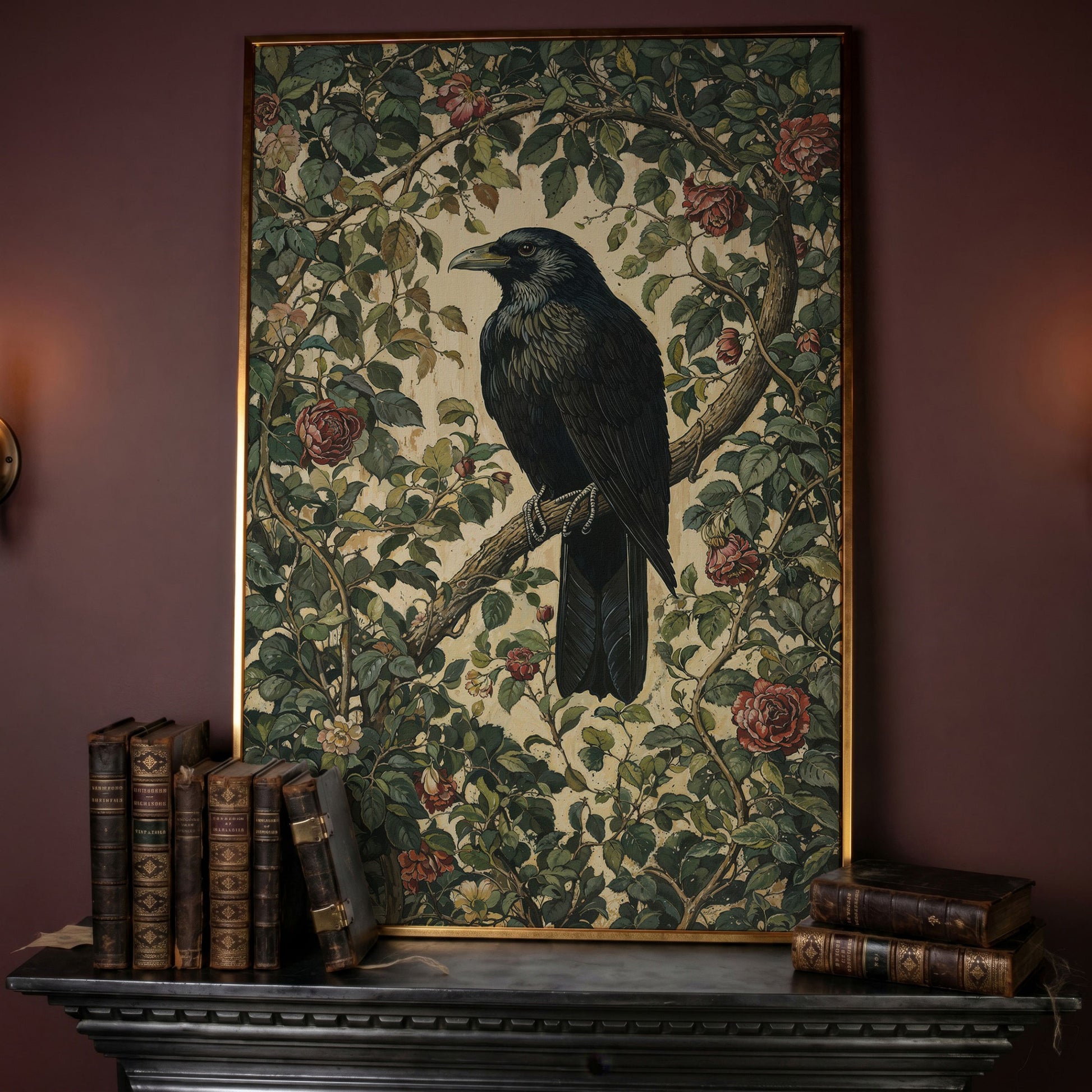 Gothic Raven on Flower Branch Canvas Print in rose gold floating frame