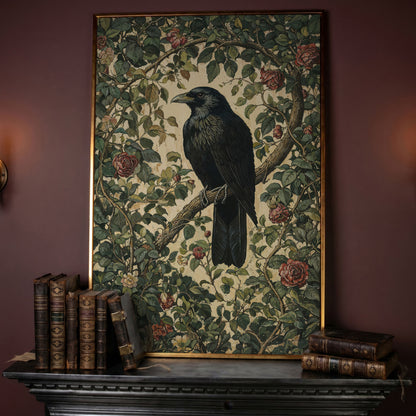 Gothic Raven on Flower Branch Canvas Print in rose gold floating frame