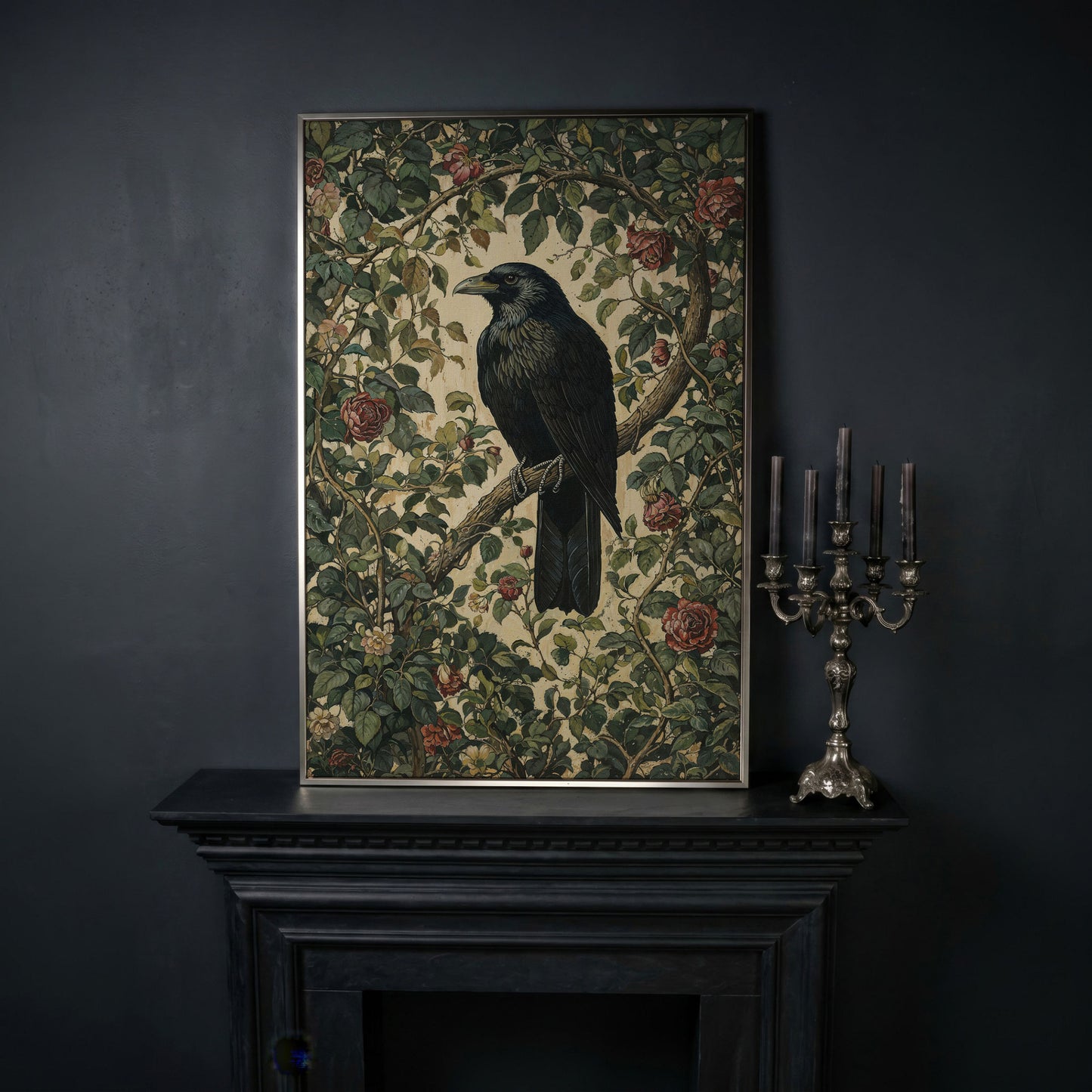 Gothic Raven on Flower Branch Canvas Print in silver floating frame