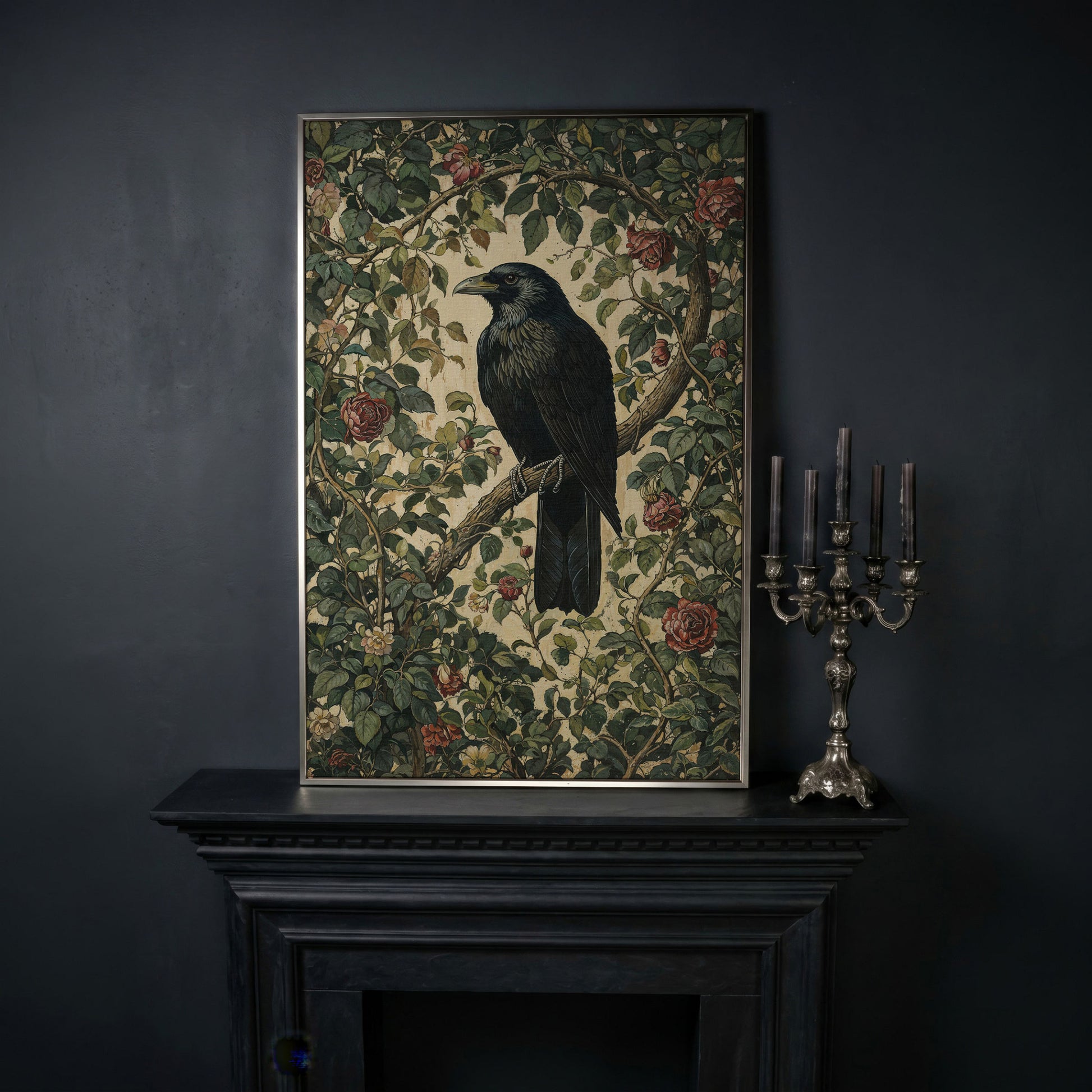 Gothic Raven on Flower Branch Canvas Print in silver floating frame