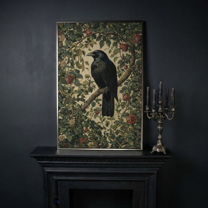 Gothic Raven on Flower Branch Canvas Print in silver floating frame