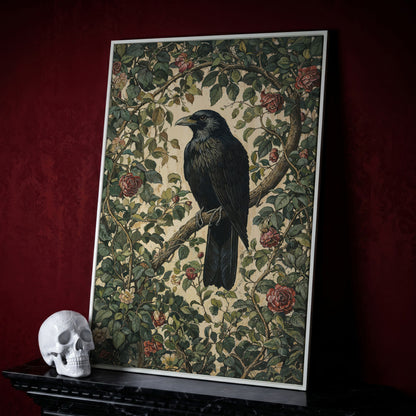 Gothic Raven on Flower Branch Canvas Print in white floating frame