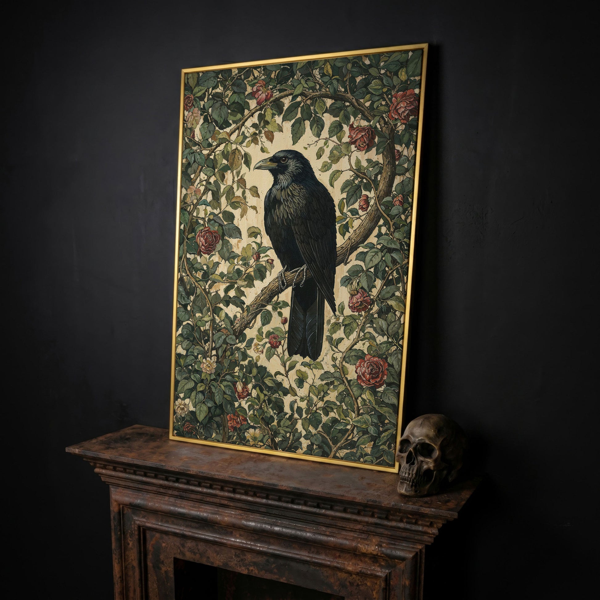 Gothic Raven on Flower Branch Canvas Print in yellow gold floating frame
