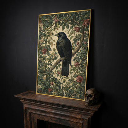 Gothic Raven on Flower Branch Canvas Print in yellow gold floating frame