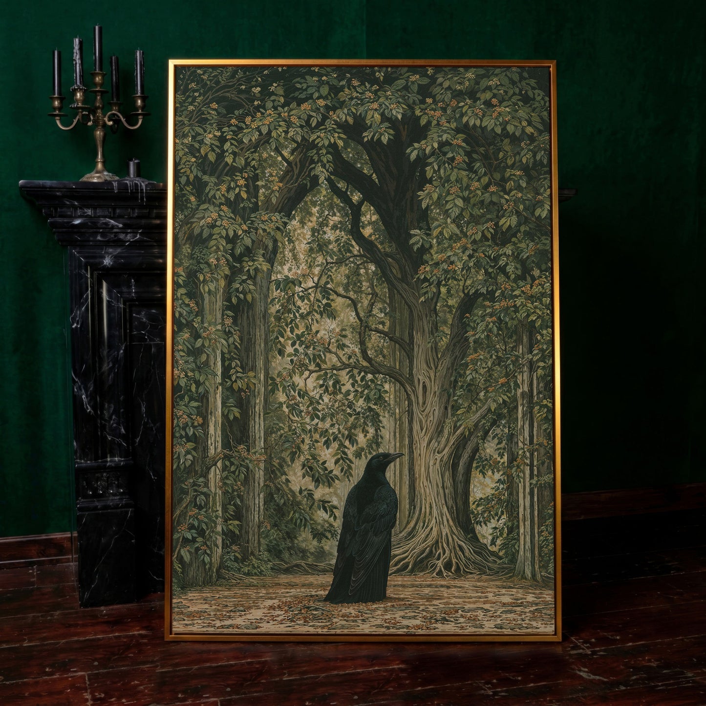 Gothic Raven in Enchanted Woods Canvas in antique gold floating frame