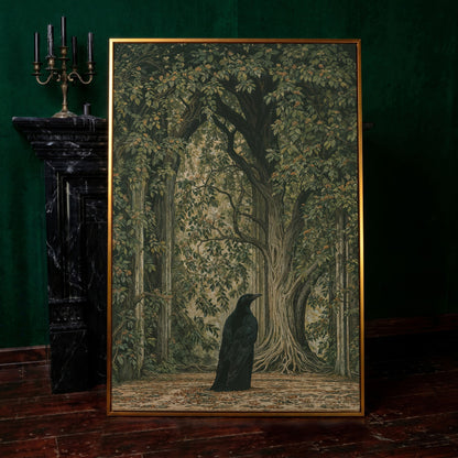 Gothic Raven in Enchanted Woods Canvas in antique gold floating frame