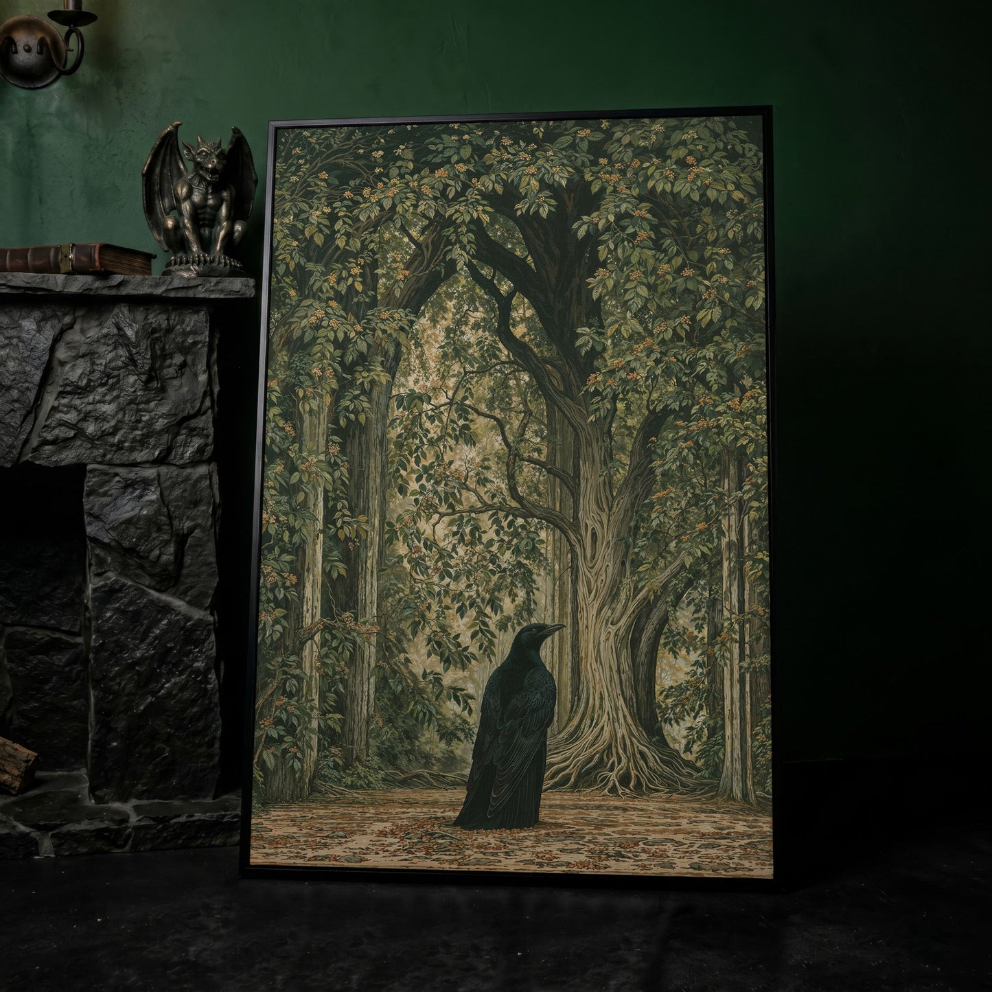 Gothic Raven in Enchanted Woods Canvas in black floating frame