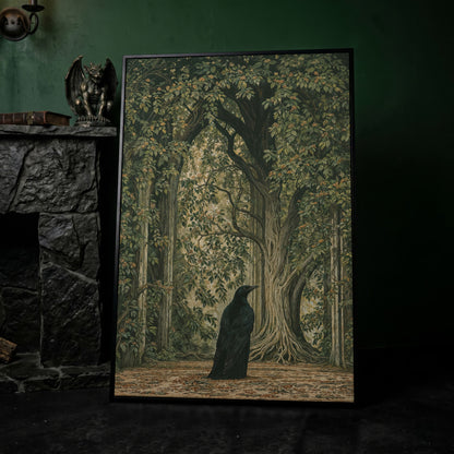 Gothic Raven in Enchanted Woods Canvas in black floating frame