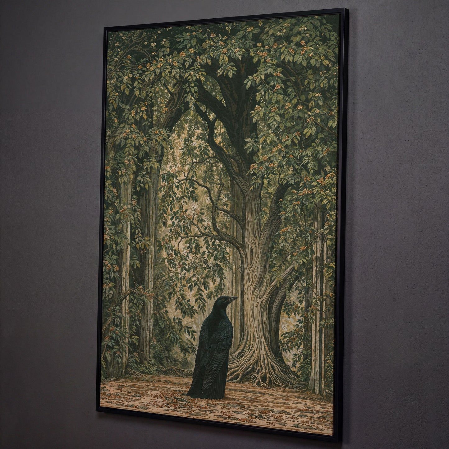 Gothic Raven in Enchanted Woods Canvas shown in black floating frame