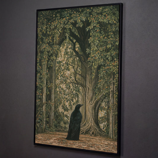Gothic Raven in Enchanted Woods Canvas shown in black floating frame