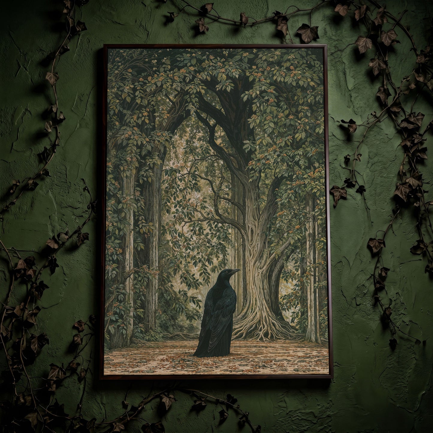 Gothic Raven in Enchanted Woods Canvas in dark walnut floating frame