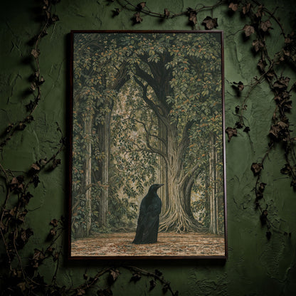 Gothic Raven in Enchanted Woods Canvas in dark walnut floating frame