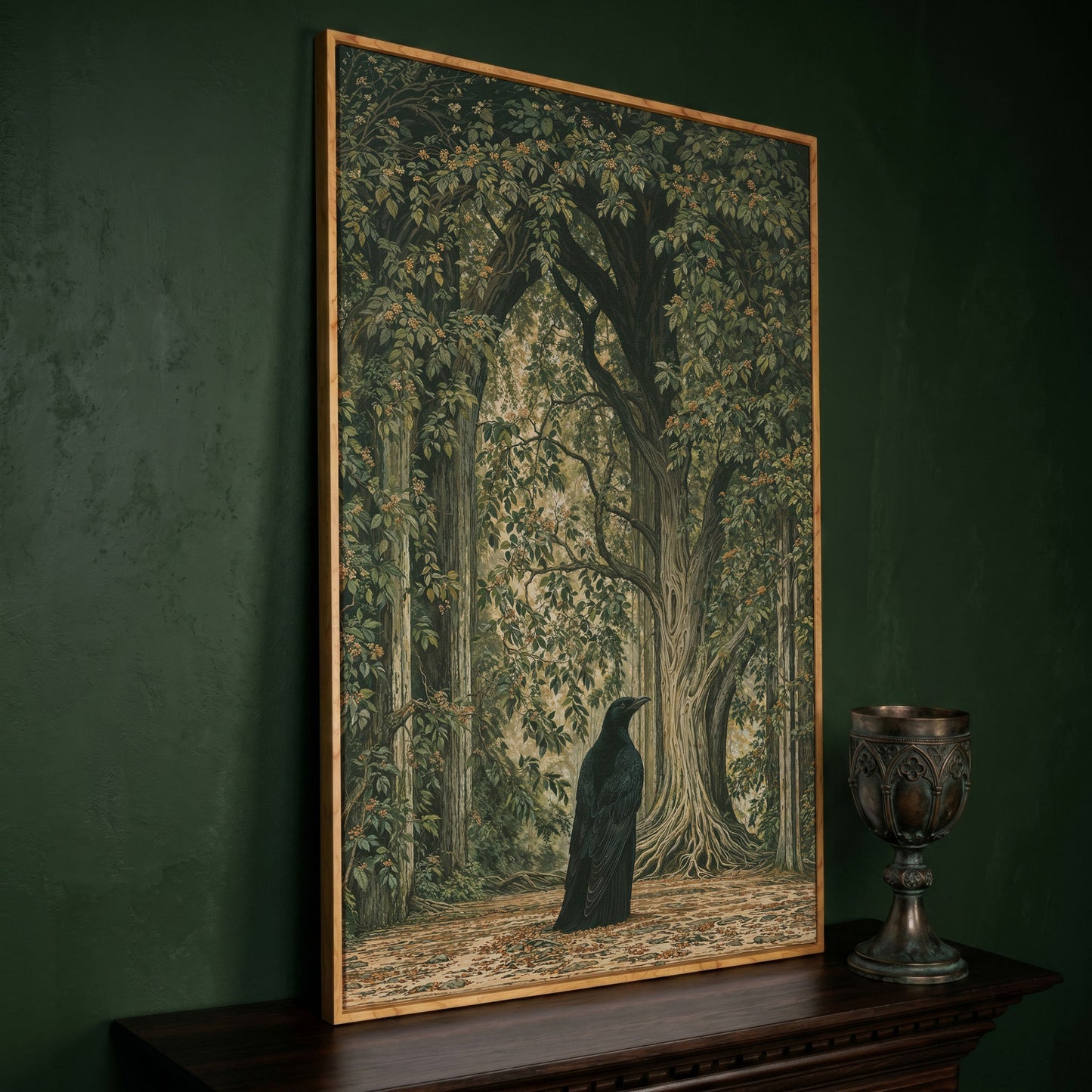 Gothic Raven in Enchanted Woods Canvas in white oak floating frame