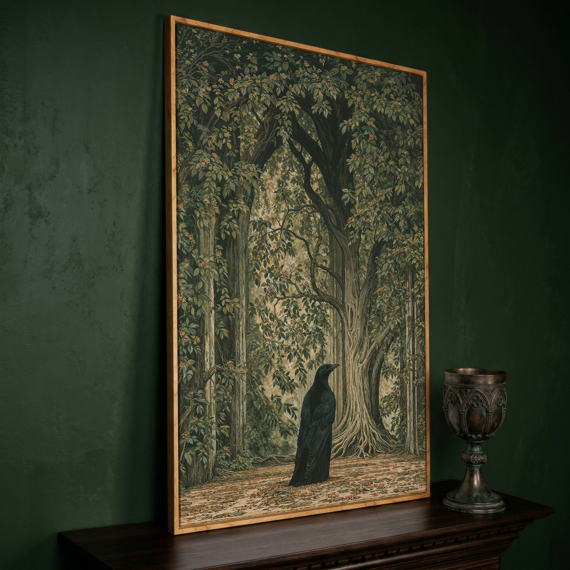 Gothic Raven in Enchanted Woods Canvas in white oak floating frame