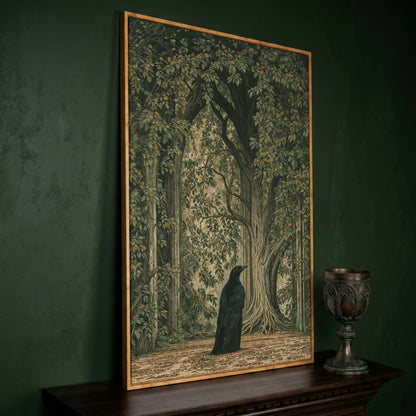 Gothic Raven in Enchanted Woods Canvas in white oak floating frame