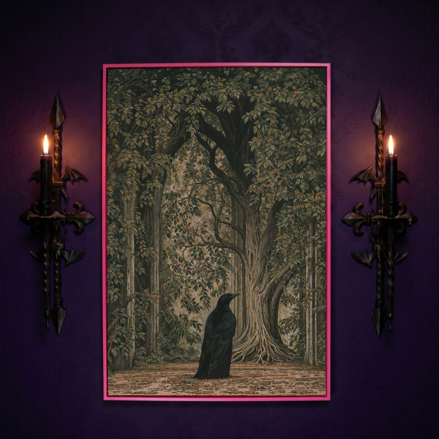 Gothic Raven in Enchanted Woods Canvas in pink floating frame