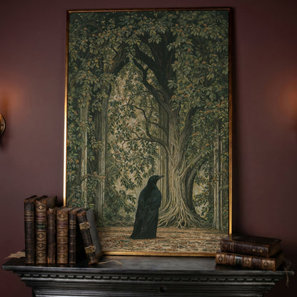 Gothic Raven in Enchanted Woods Canvas in rose gold floating frame