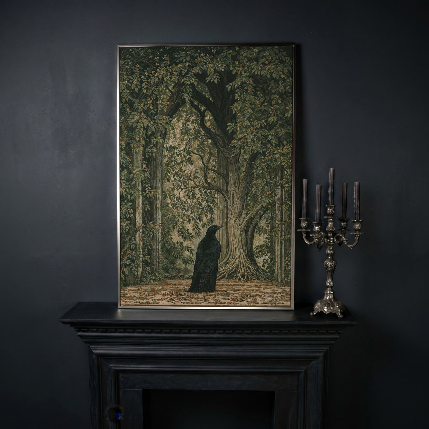 Gothic Raven in Enchanted Woods Canvas in silver floating frame