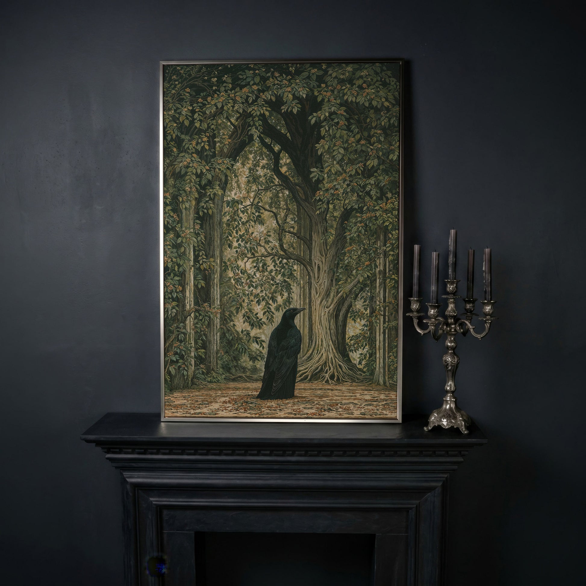 Gothic Raven in Enchanted Woods Canvas in silver floating frame