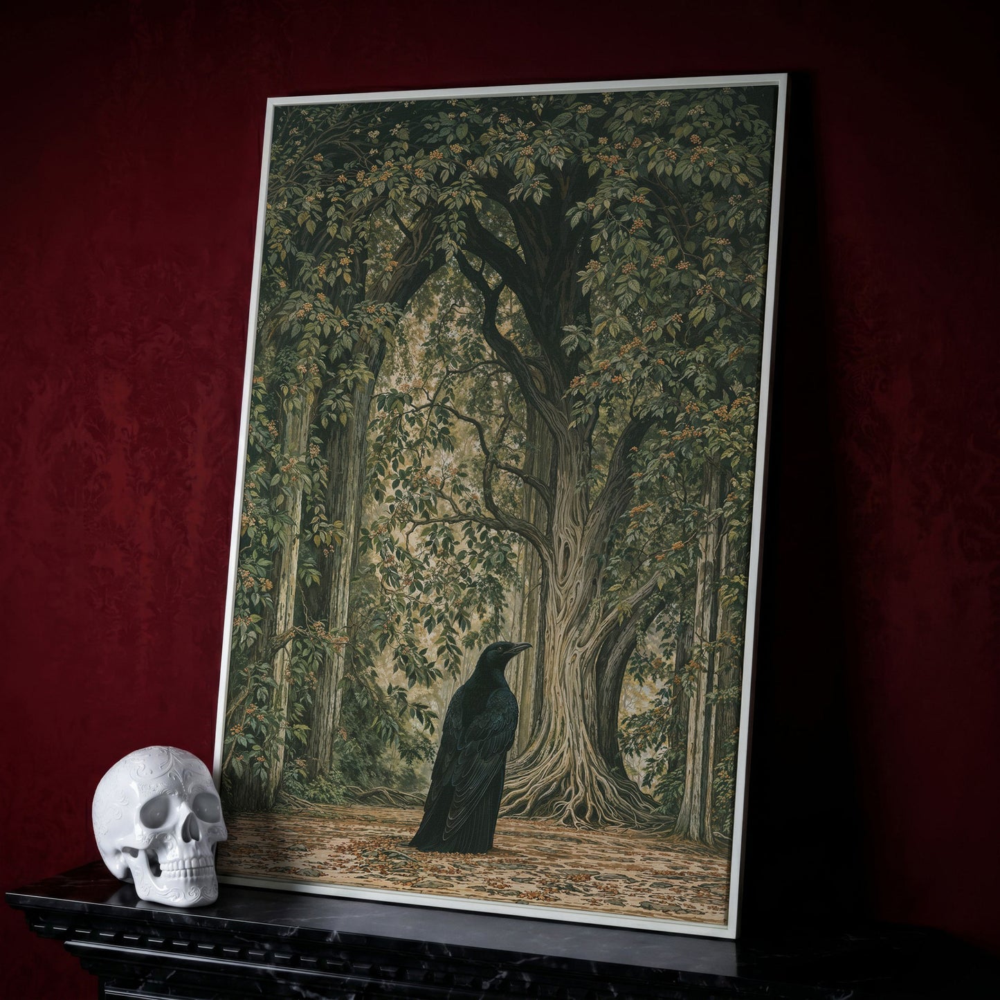 Gothic Raven in Enchanted Woods Canvas in white floating frame