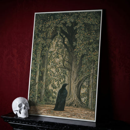Gothic Raven in Enchanted Woods Canvas in white floating frame