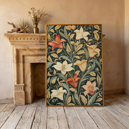 Lilies with Green Leaves Canvas Print in antique gold floating frame